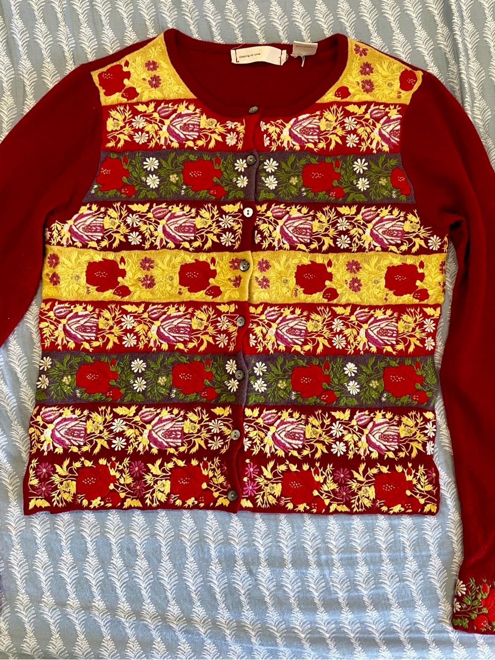 Anthropologie Sleeping on Snow • Folk Floral Embroidered Natural Fiber Cardigan
